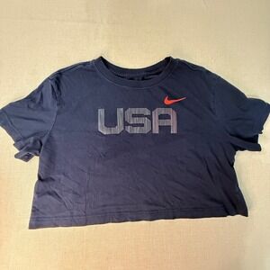 Nike USA Olympics Cropped T-Shirt Navy Blue Graphic Tee Womens Medium